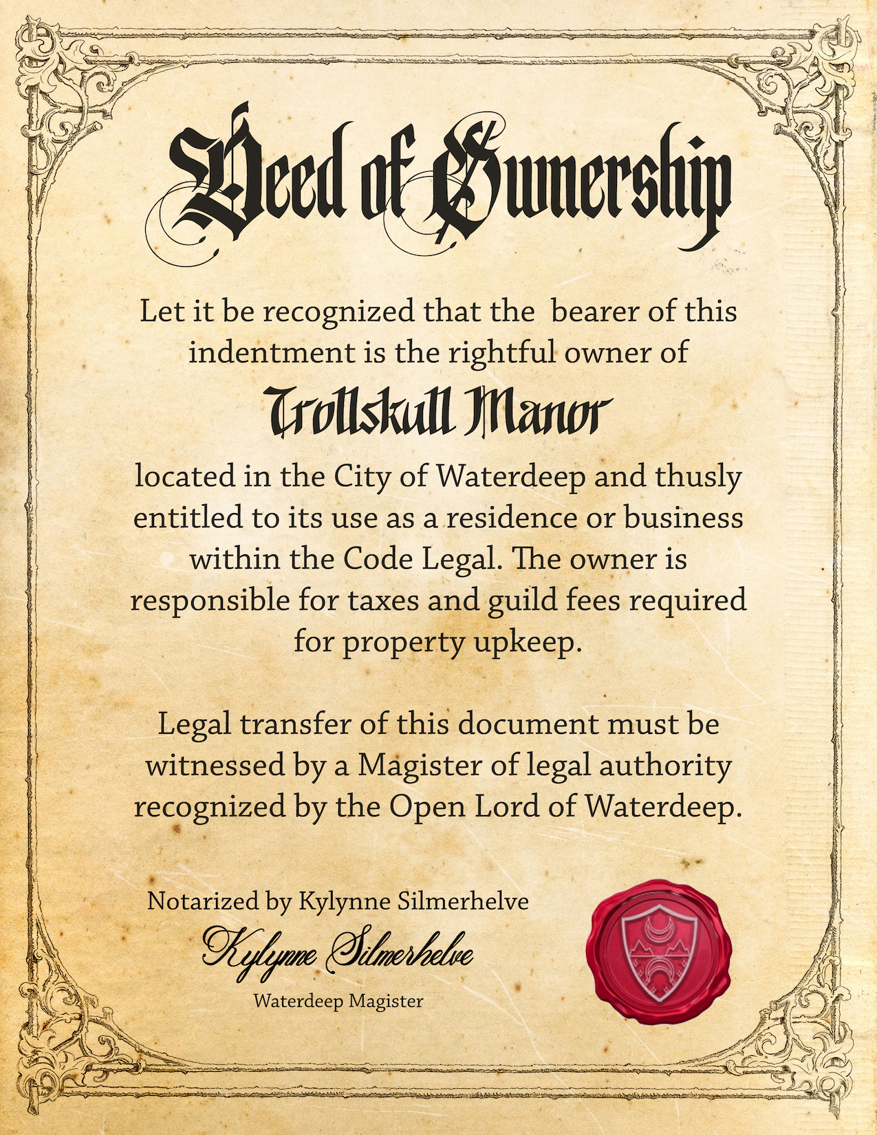 Trollskull Manor Deed of Ownership Document in Eldenwold | World Anvil